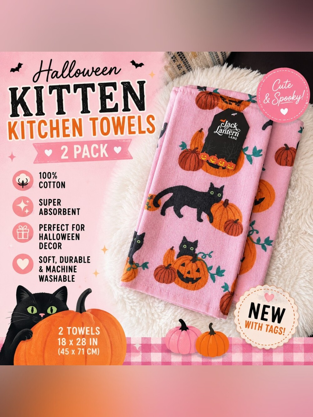 🎃 NWT Halloween Kitten Pumpkin Kitchen Towels 2 Pack | Pink Cat Decor